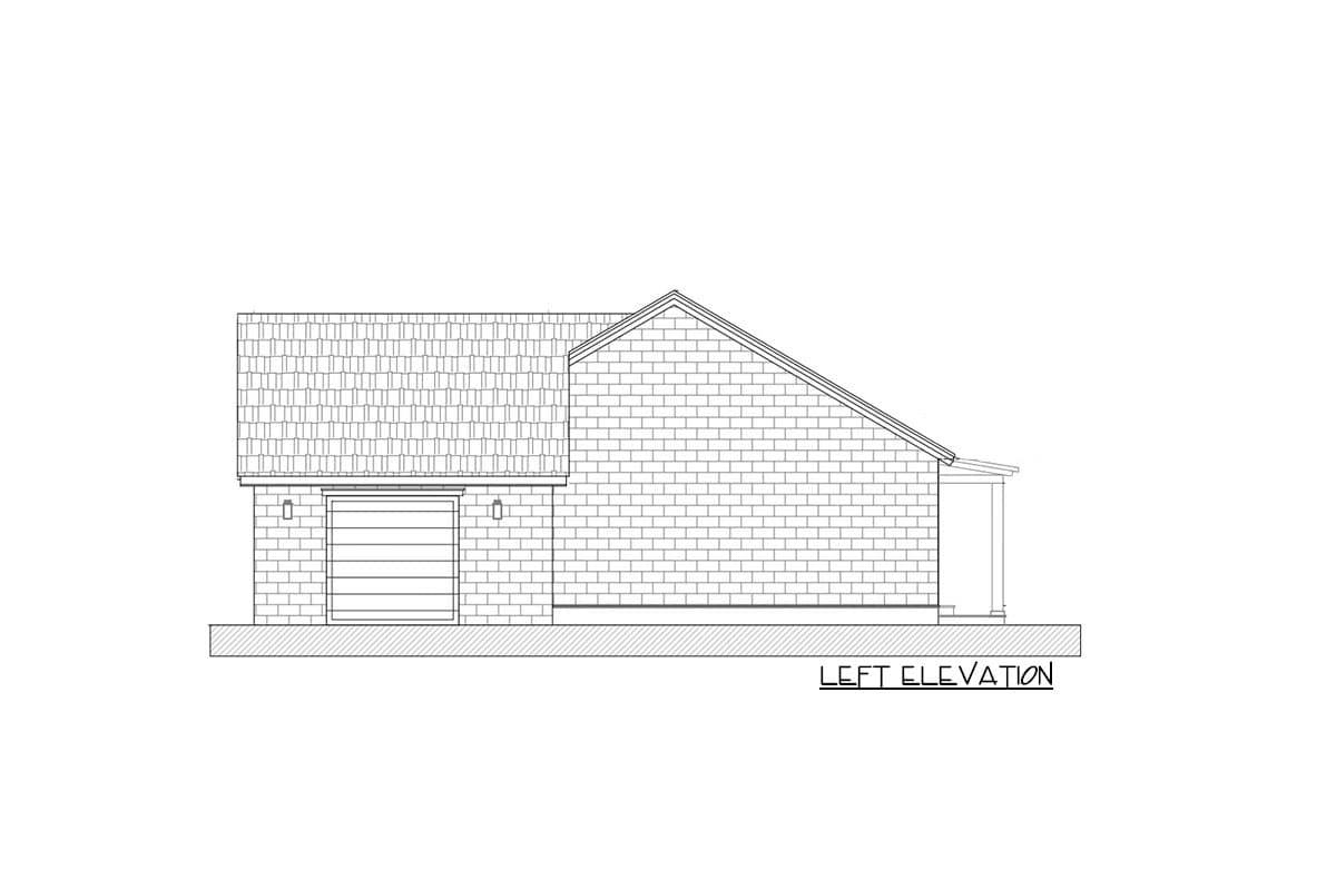 Left elevation drawing of a house plan showing a brick exterior with a gable roof, a garage door, and a covered porch.