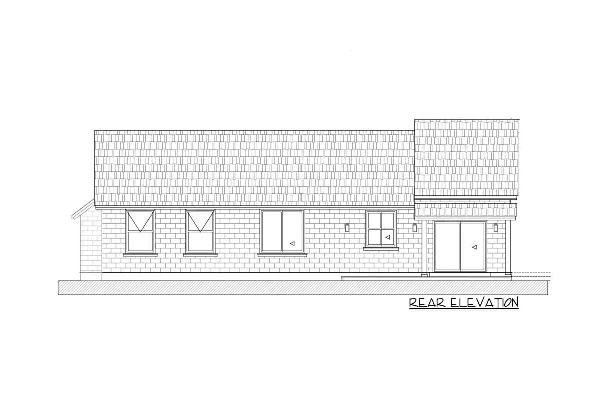 Rear elevation drawing of a single-story house with brick facade, multiple windows, and a covered entrance with sliding glass doors.