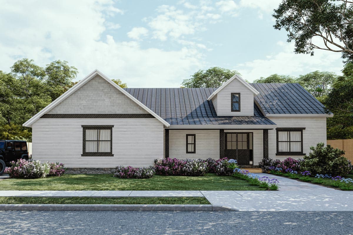 House plan exterior. One-story farmhouse style with gabled roof, dormer, and porch. Features include board and batten siding and dark trim.