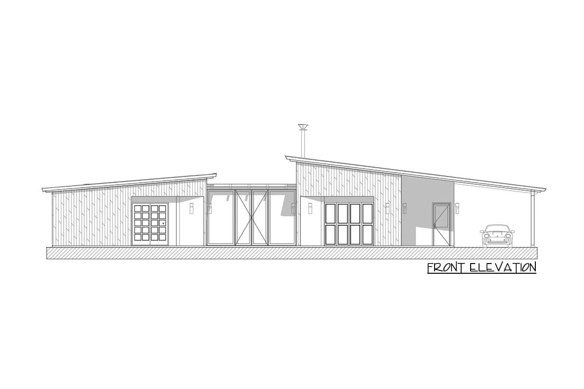 Front elevation house plan featuring a single story, asymmetrical rooflines, wood siding, multiple glass doors, and an attached carport with a car.