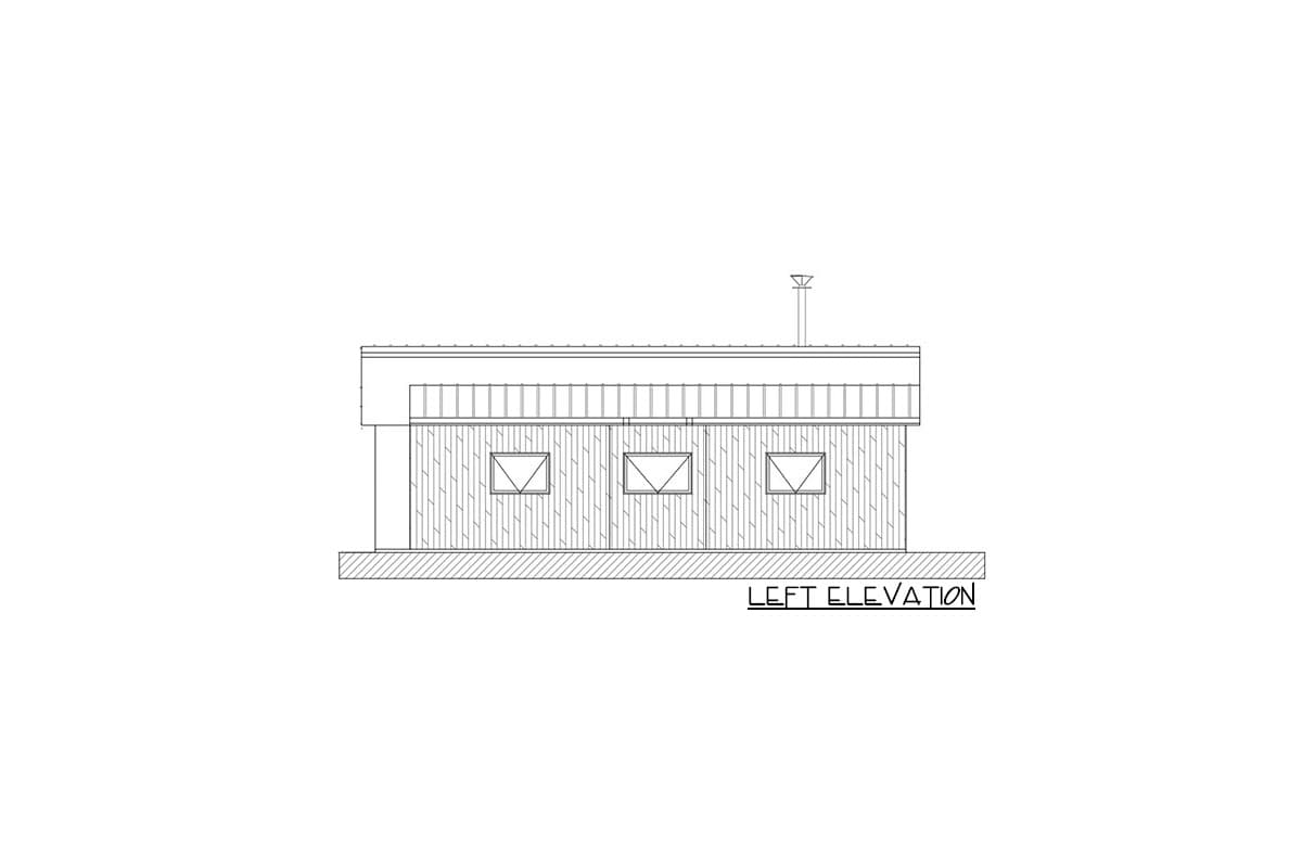 Left elevation drawing of a house plan featuring vertical siding, three diamond-shaped windows, and a metal roof.