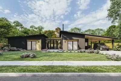 2-Bed Mid-Century Modern Home Plan with Outdoor Kitchen and  Carport