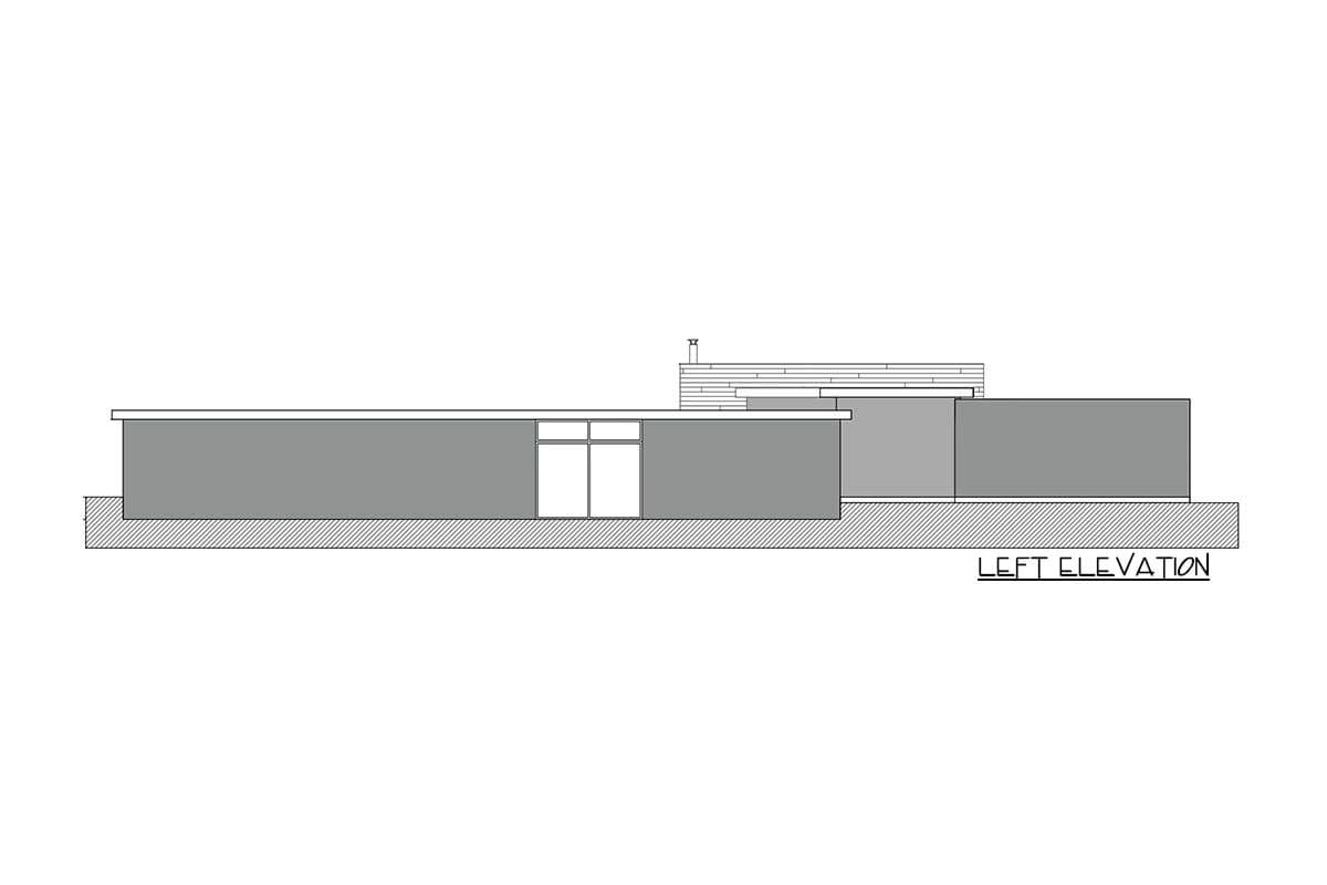 Left elevation drawing of a modern house plan with flat rooflines, large windows, and horizontal siding.