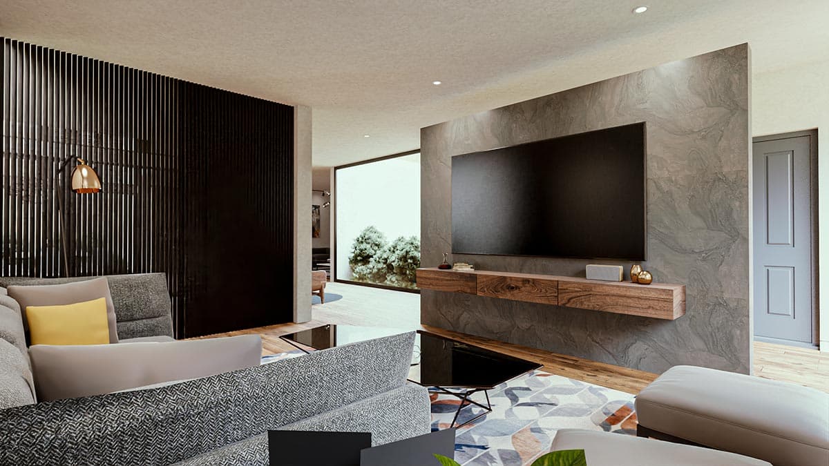 Interior rendering: Living room with wall-mounted TV, wooden console, slatted accent wall, and large window overlooking a garden.