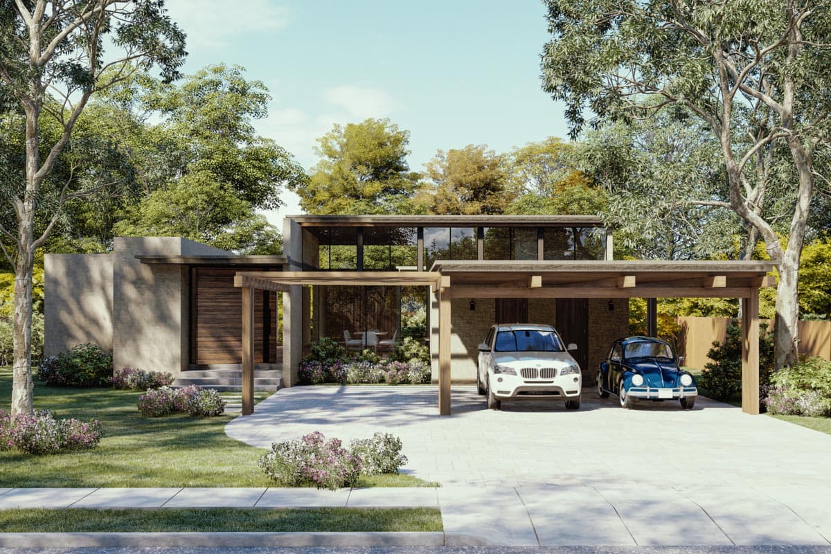 House plan exterior. Modern, one-story house with a flat roof, carport, and large windows. Features include a wooden entry door and exposed beams.