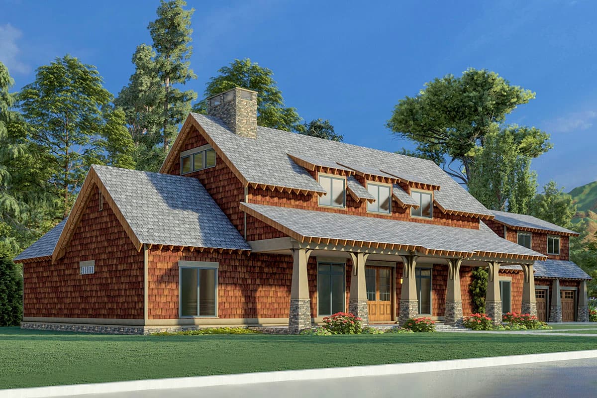 House plan exterior featuring cedar shake siding, stone foundation, a wide covered porch with timber columns, and multiple gables.