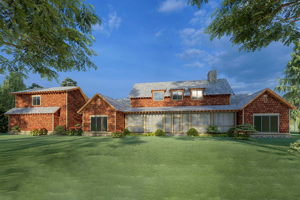 House plan exterior: two-story structure with wood shingle siding, dormers, and a screened porch.