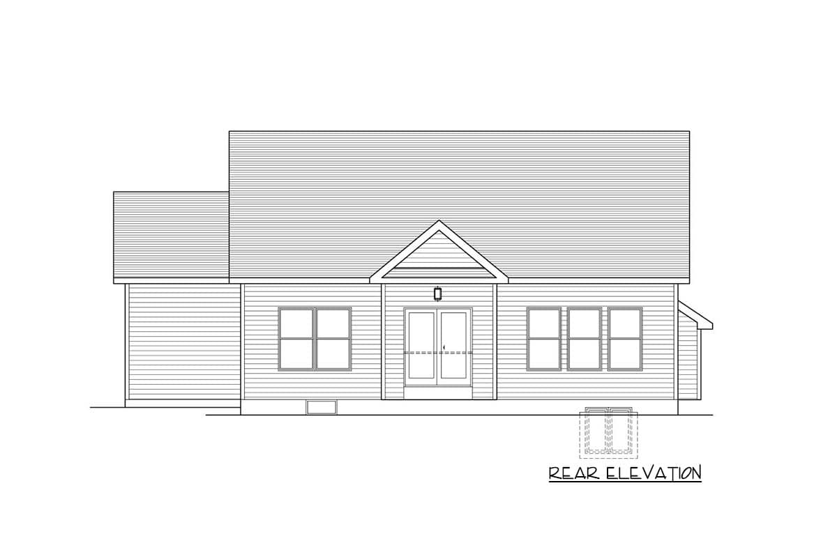 Rear elevation drawing of a one-story house plan with double doors, multiple windows, and a prominent gable over the entryway.