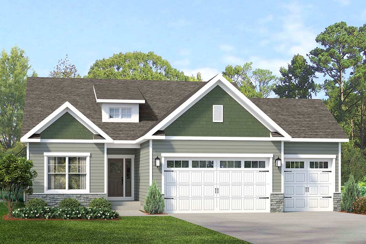 House plan exterior with Craftsman style, single story, and a gable roof. Features include dormer, front porch, and an attached garage.