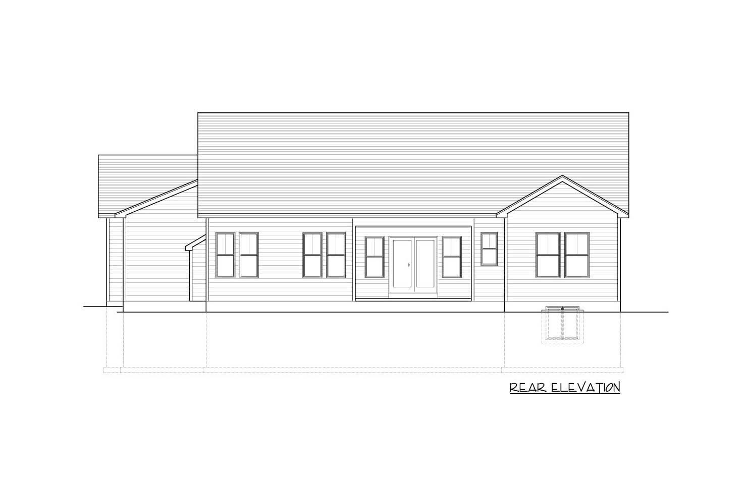Rear elevation drawing of a single-story house with multiple windows and double doors.