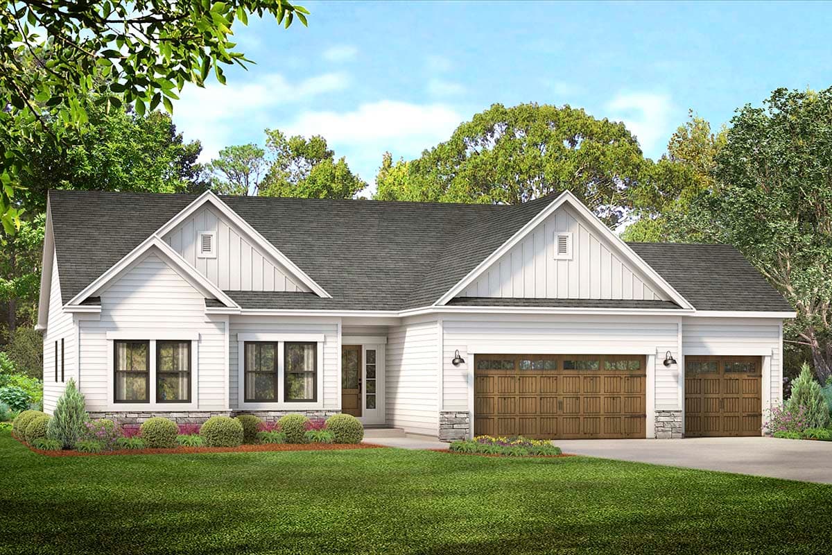House plan exterior. White farmhouse style with gabled roof, two-car garage, and front-facing gables with vertical siding and decorative vents.