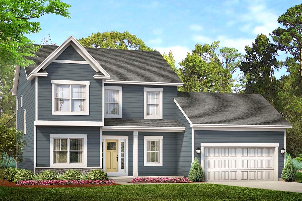 House plan exterior. Two-story Colonial with gabled roof, multi-pane windows, and attached two-car garage. Features a front door with sidelights.