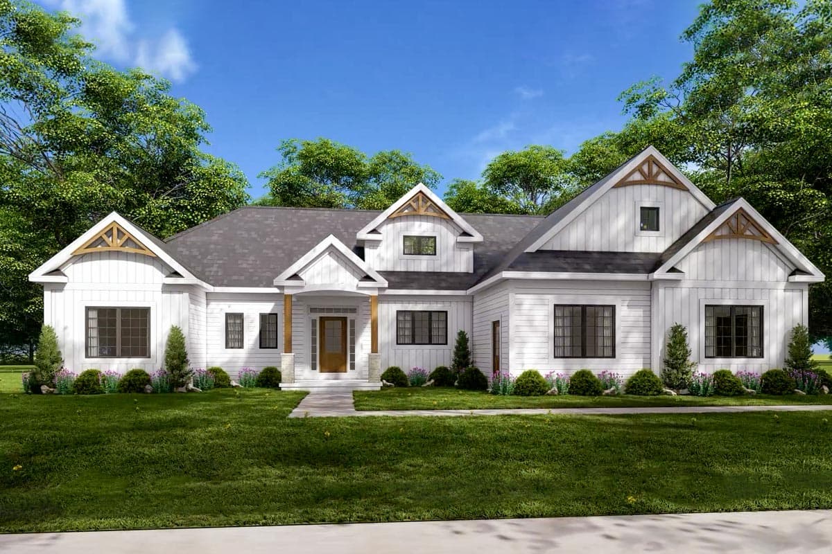 House plan exterior rendering. Modern Farmhouse style with multiple gables, dormers, and a covered porch. One story with wood accents.