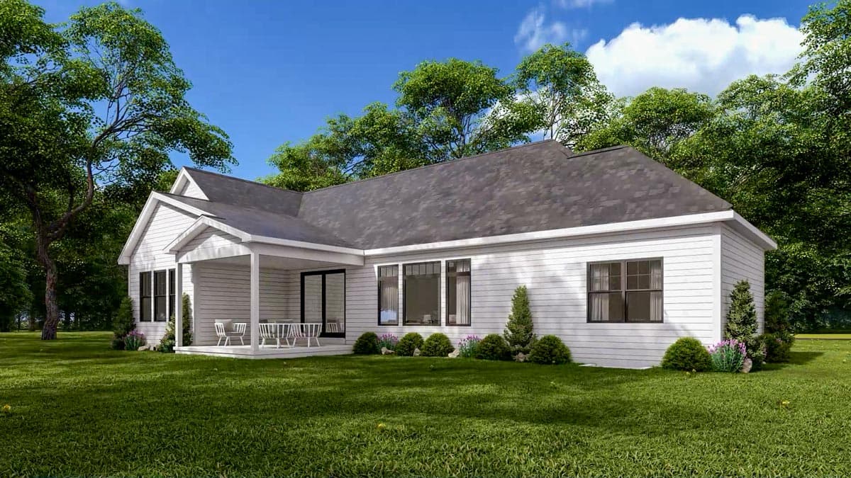 House plan exterior: Single-story Modern Farmhouse with covered porch, gable roof, and horizontal siding.