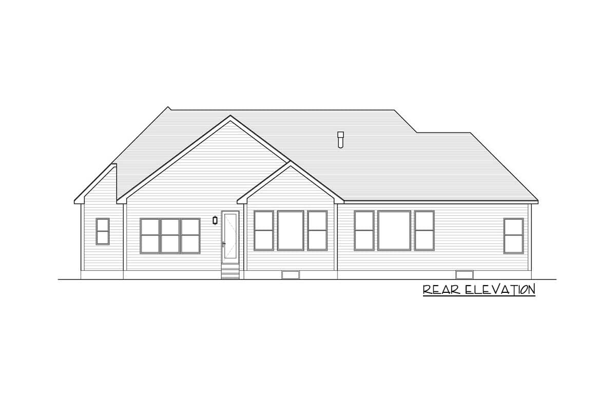 Rear elevation house plan showing a one-story home with a prominent gable, numerous windows, and a central door with steps.