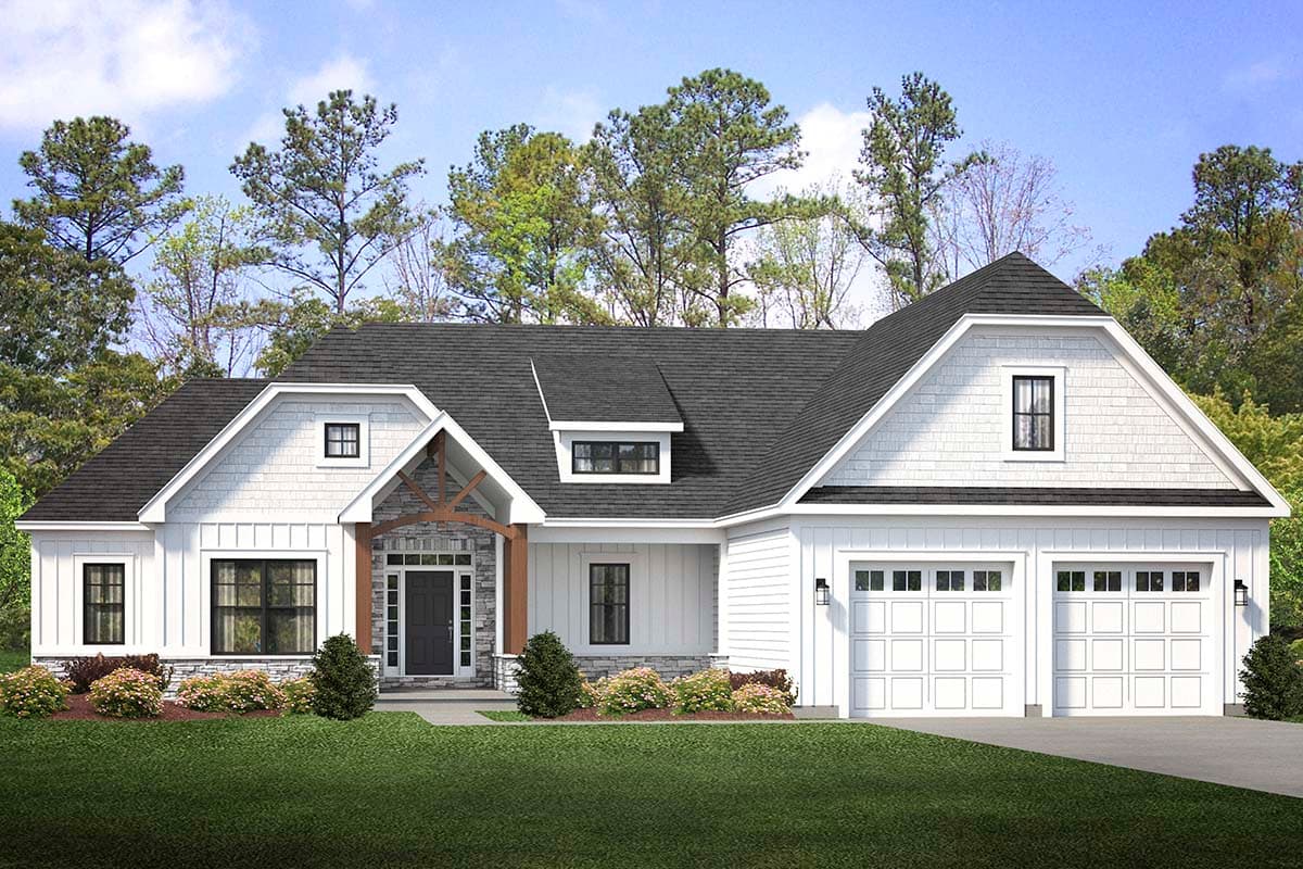 Modern Farmhouse house plan exterior with a covered entry, dormers, and a side-facing three-car garage.