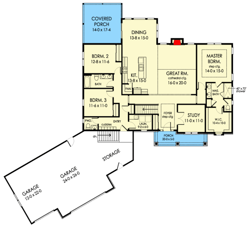 Plan 790102GLV: One-level Country Craftsman Home Plan with Angled 3-Car Garage - Floor Plan - Main Level - Country, Craftsman, New American, Ranch, Rustic