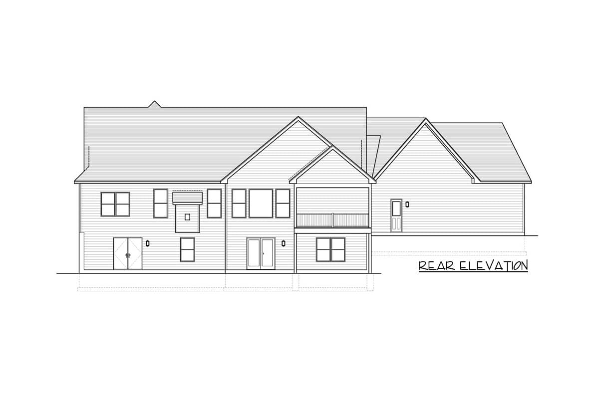 Rear elevation drawing of a two-story house plan with varied rooflines, multiple windows, a deck, and an attached garage.