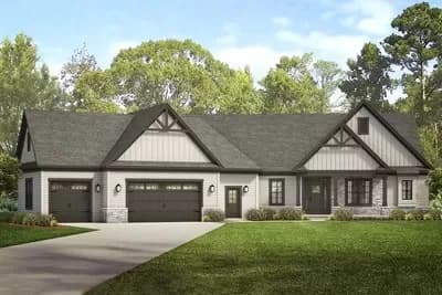 One-level Country Craftsman Home Plan with Angled 3-Car Garage