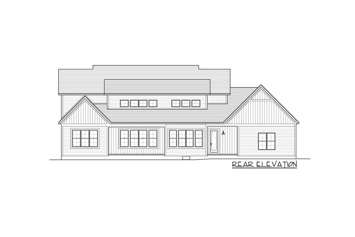 Rear elevation drawing of a multi-story house plan with gables, multiple windows, and a prominent roofline.