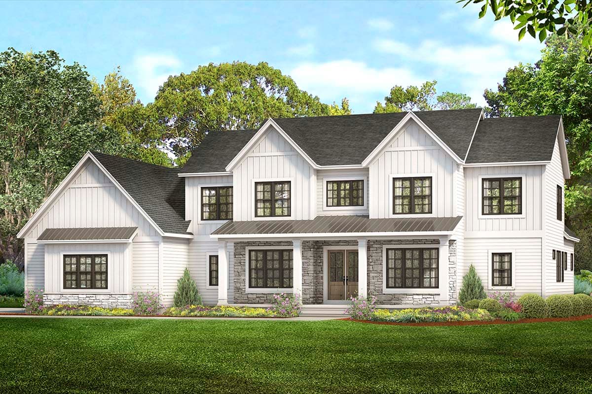 House plan exterior. Two-story Modern Farmhouse with gables, a covered front porch with stone columns, and board-and-batten siding.