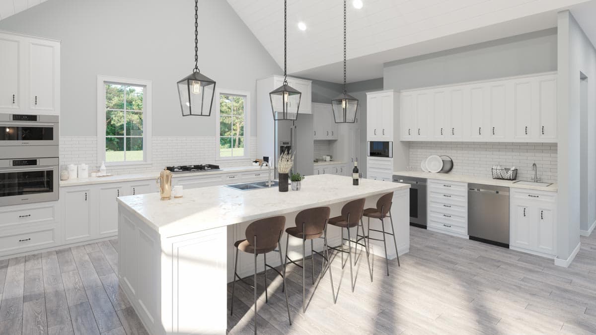 Rendering of a spacious kitchen with vaulted ceiling, large island with bar seating, white cabinetry, and stainless steel appliances.
