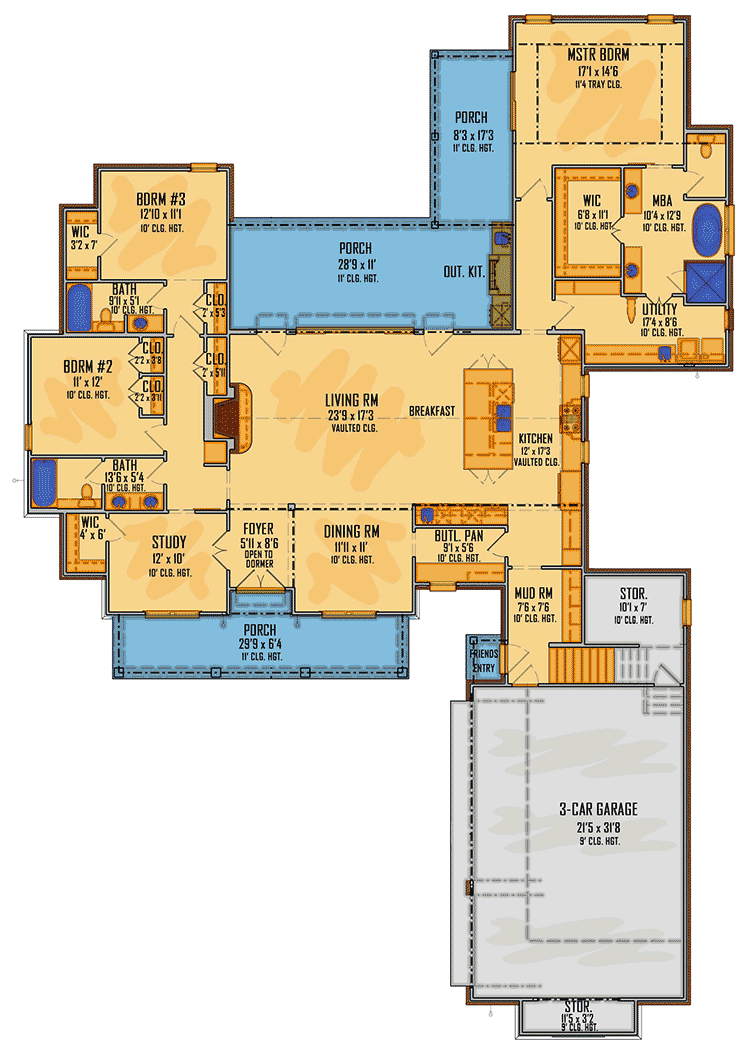 Plan 510195WDY: Split Bedroom Modern Farmhouse with Vaulted Open Concept Core - Floor Plan - Main Level - Acadian, Country, Louisiana-Style, Modern Farmhouse, New American, Southern