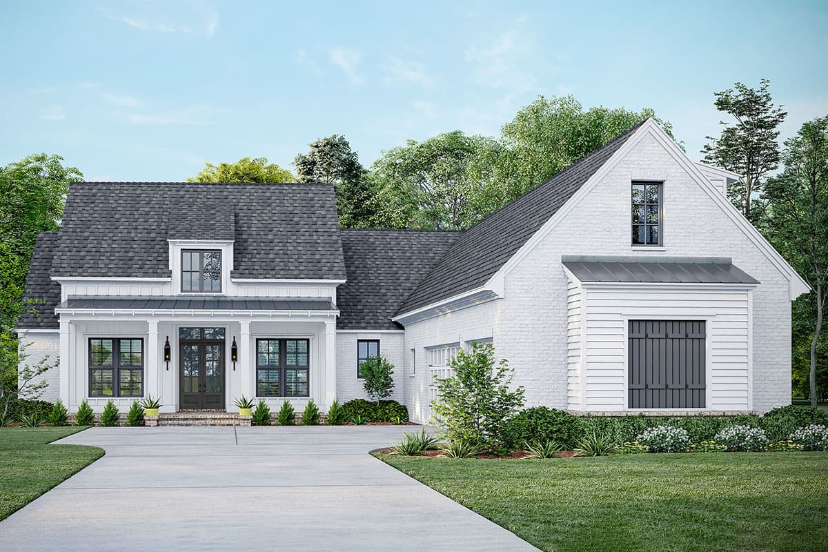 House plan exterior. Two-story Modern Farmhouse with gables, a covered porch, and a side-entry garage. Features brick and board-and-batten siding.
