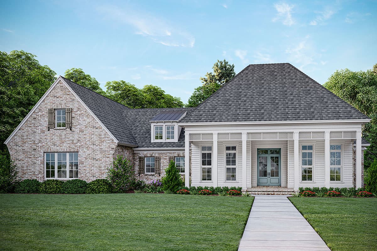 House plan exterior featuring a two-story design with a front porch, gables, and a brick and siding facade.