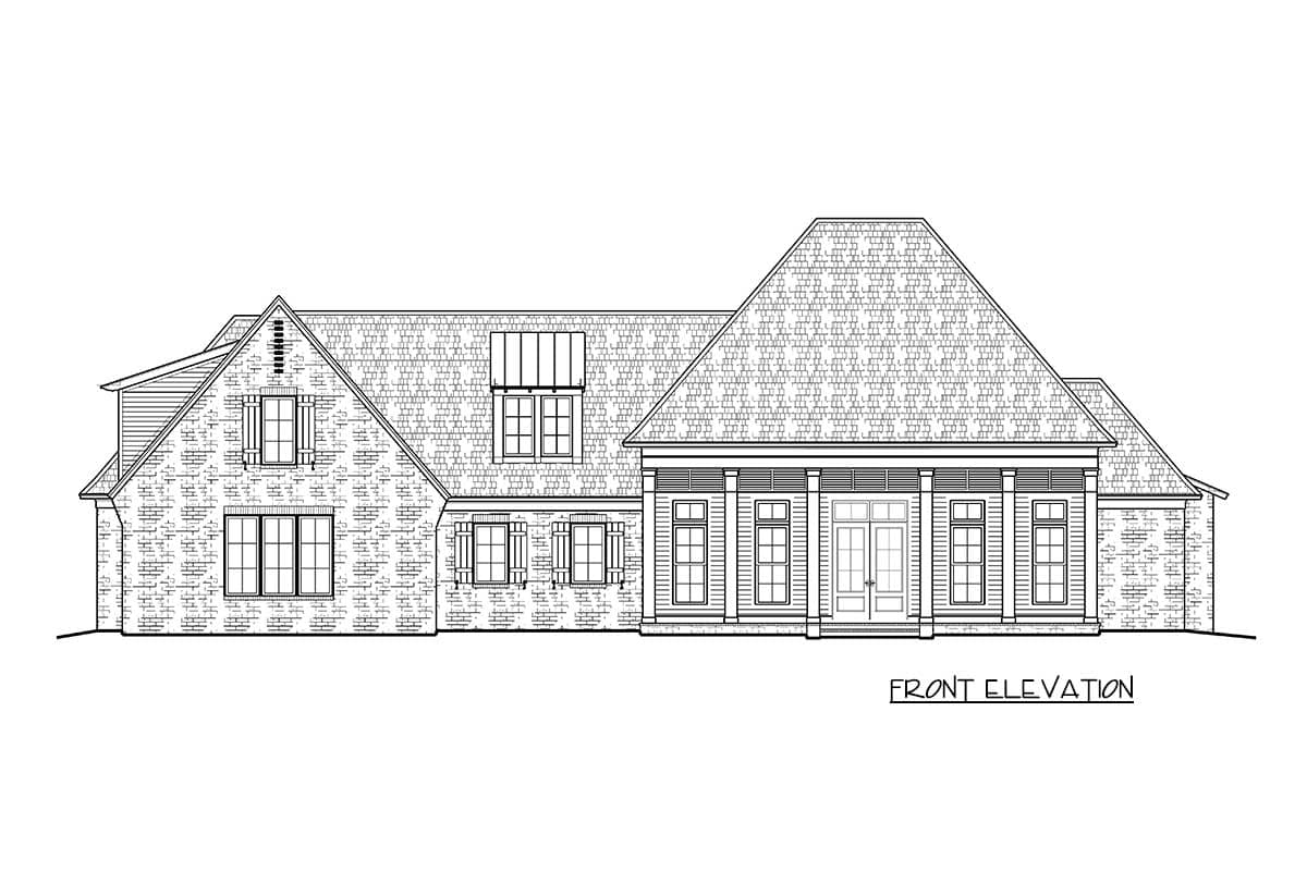 Front elevation drawing of a two-story house plan with brick accents, a prominent covered porch, and multiple gables.