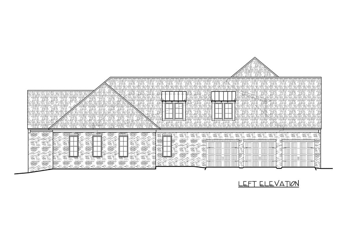 Left elevation house plan showing a multi-story structure with brick detailing, multiple gables, dormer windows, and a four-car garage.