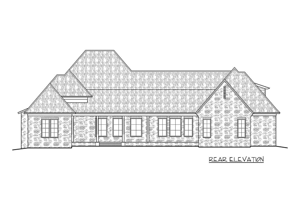 Rear elevation drawing of a one-story house plan with multiple gables, a hip roof, and brick facade.