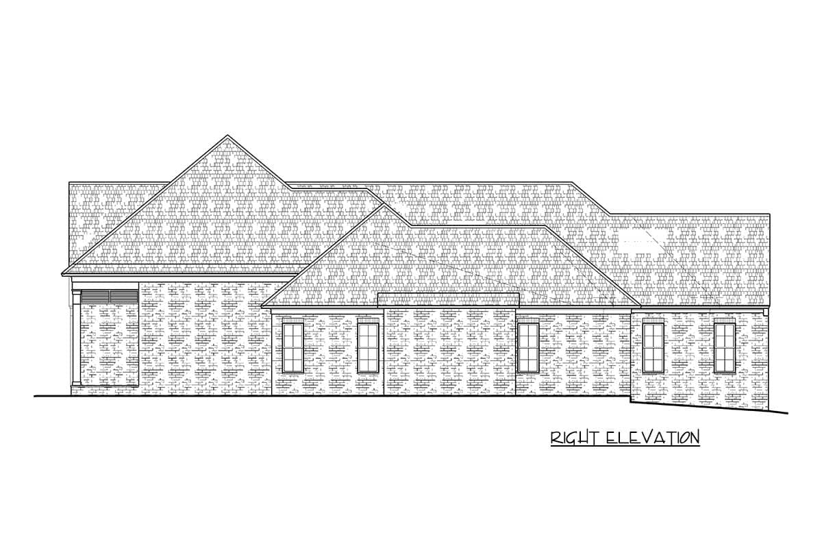 Right elevation drawing of a house plan with a brick facade and varied rooflines.