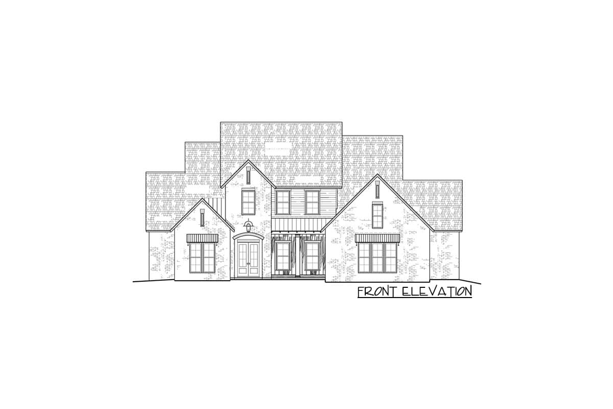 Front elevation drawing of a two-story house plan with gables, dormers, a covered porch, and multiple windows.