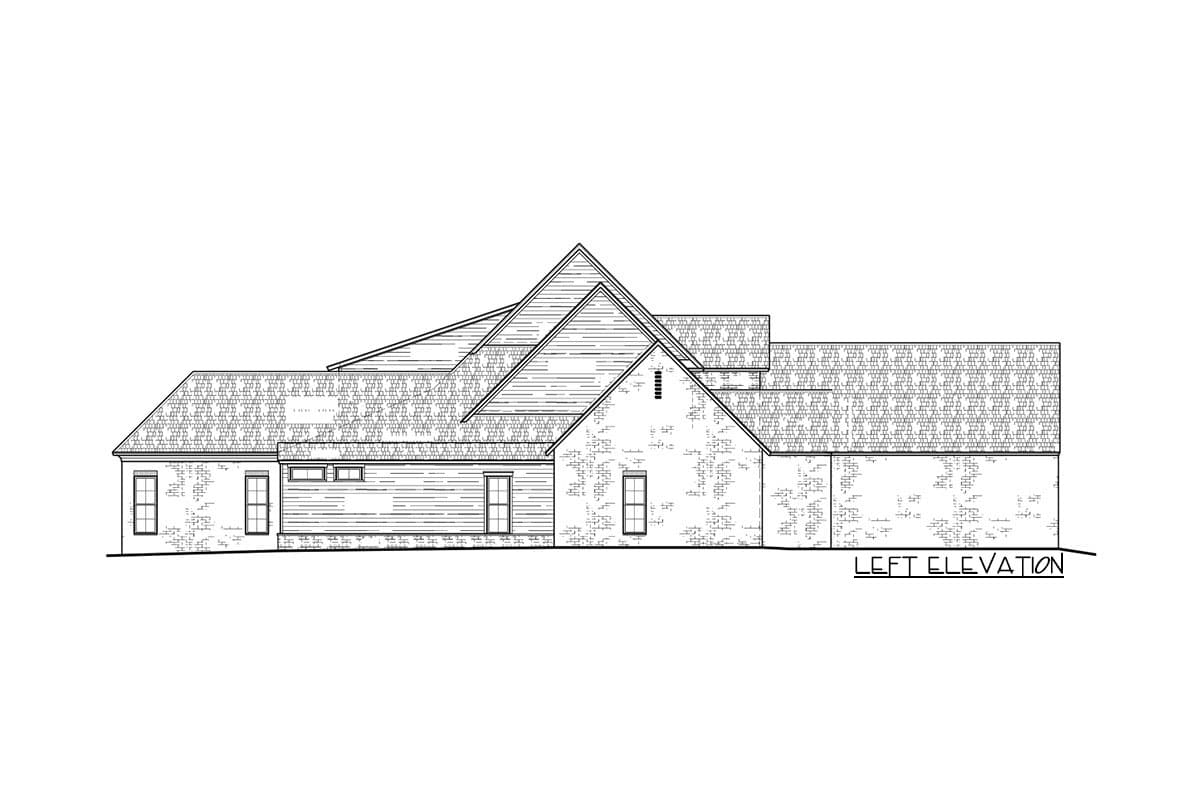 Left elevation drawing of a single-story house plan featuring varied rooflines, brick, and horizontal siding.