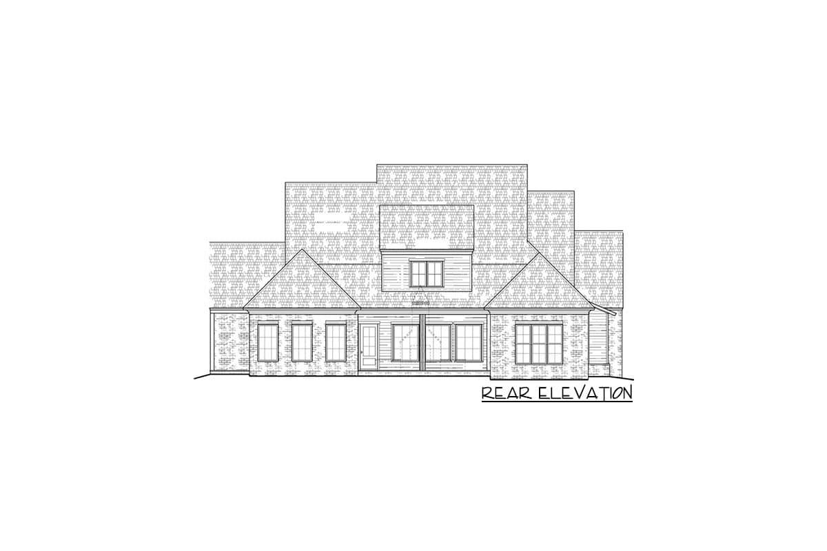 Rear elevation drawing of a house plan with multiple gables, a dormer, and various window styles.