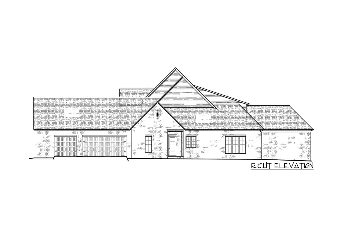 House plan right elevation drawing shows a brick exterior with a three-car garage, prominent gables, and varied rooflines.
