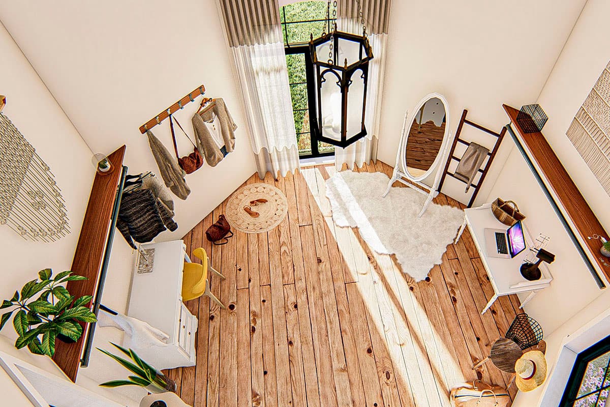 Interior rendering of a room with wood floors, desk, mirror, and hanging clothes rack.