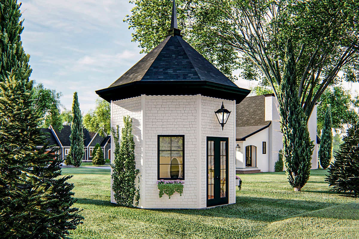 House plan exterior: Octagonal structure with black shingled hip roof, white brick siding, black-trimmed windows, and a glass-paned door.