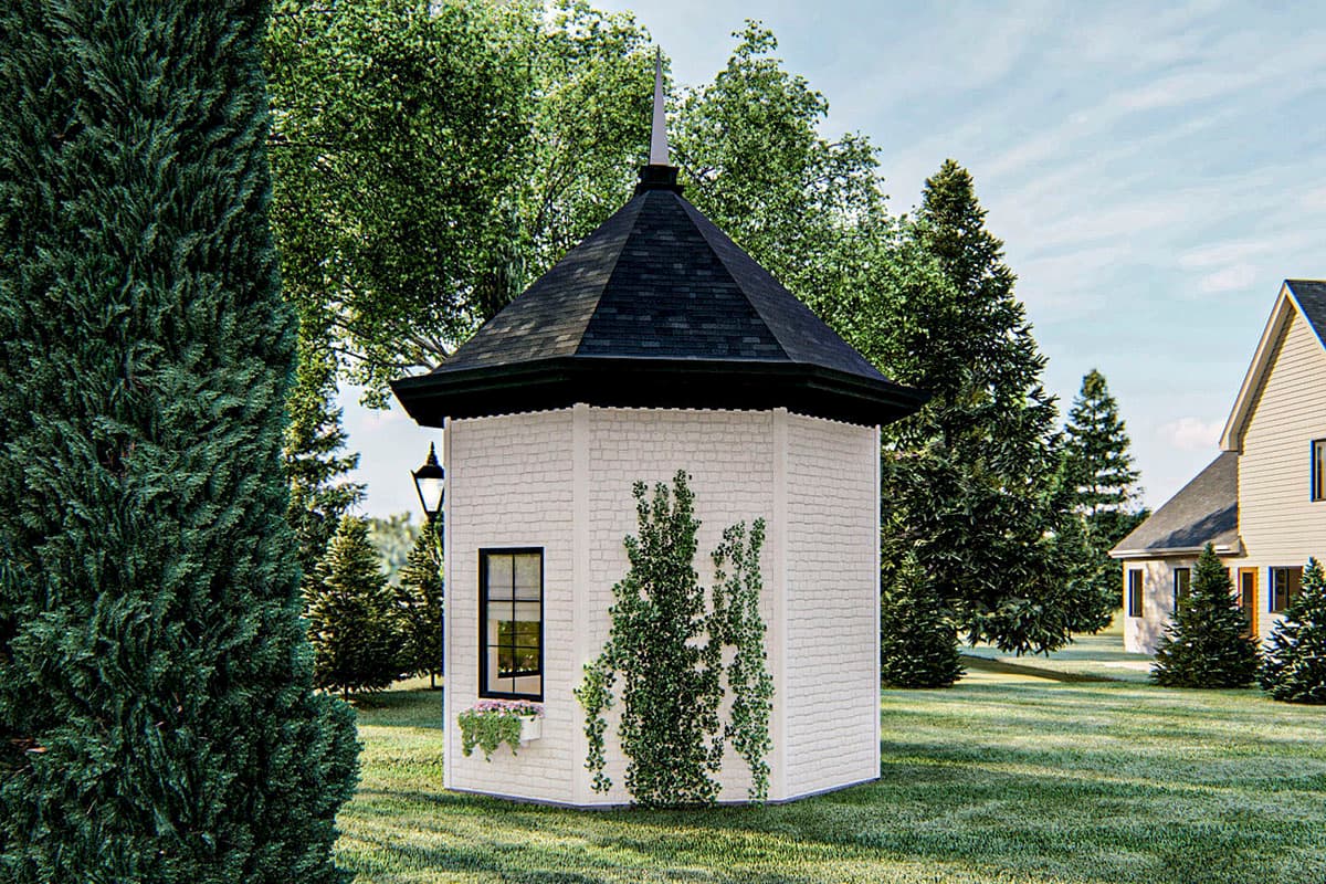 House plan exterior of an octagonal structure with white shingle siding, a black gambrel roof, and a single window.