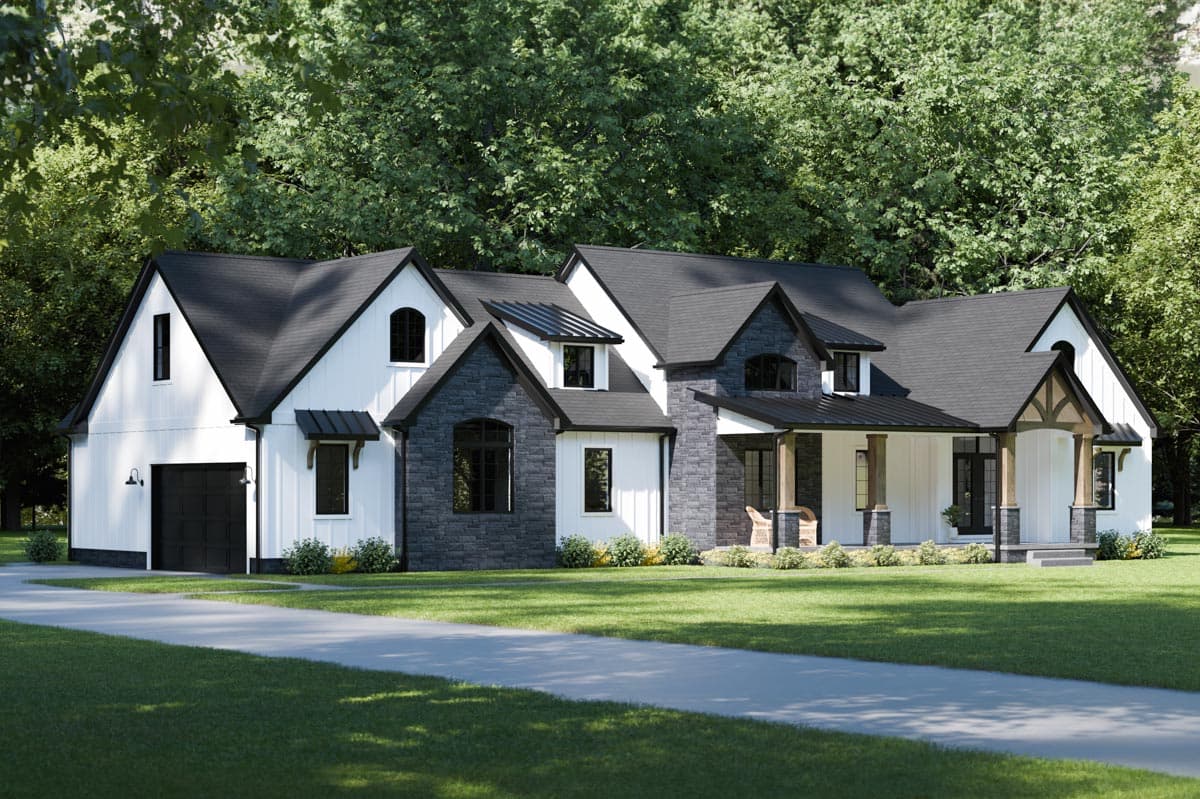 Modern Farmhouse house plan exterior with a side-facing garage, prominent gables, stone accents, and a covered front porch with timber supports.