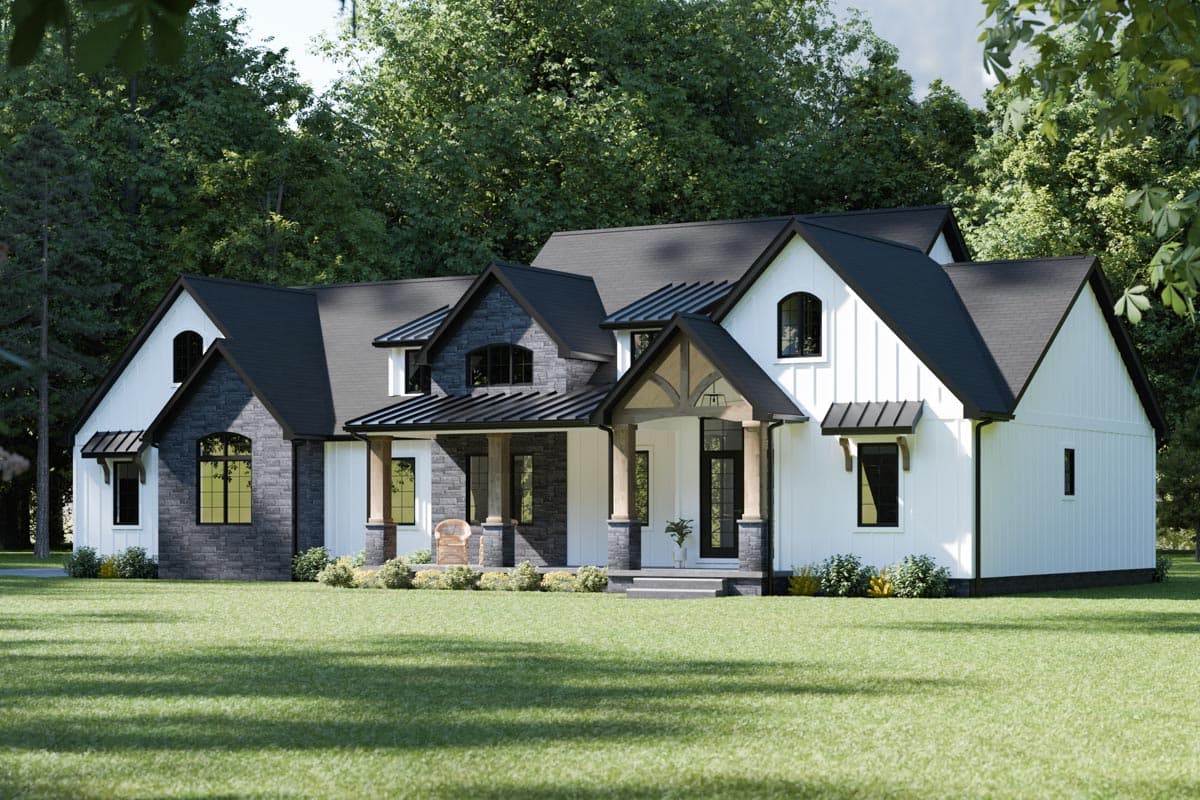 Modern Farmhouse house plan exterior with white board-and-batten siding, stone accents, and dark metal roof.