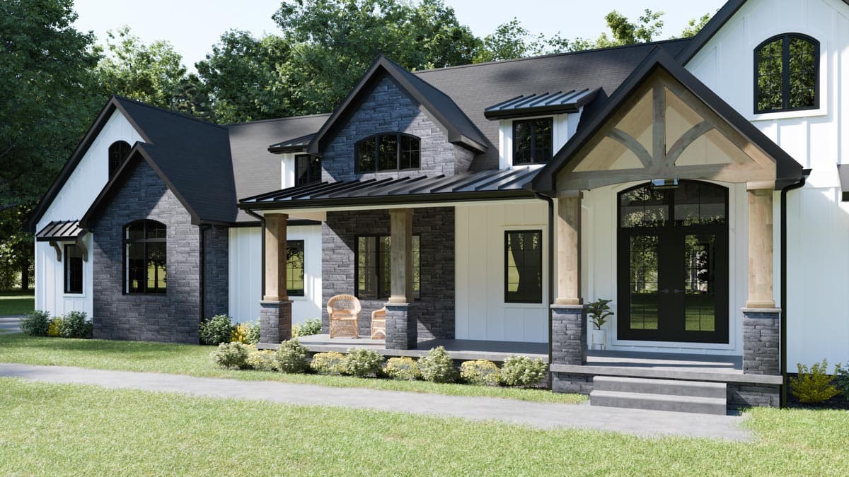 Modern Farmhouse house plan exterior with stone accents, prominent gables, deep porch, and timber framing above the entrance.