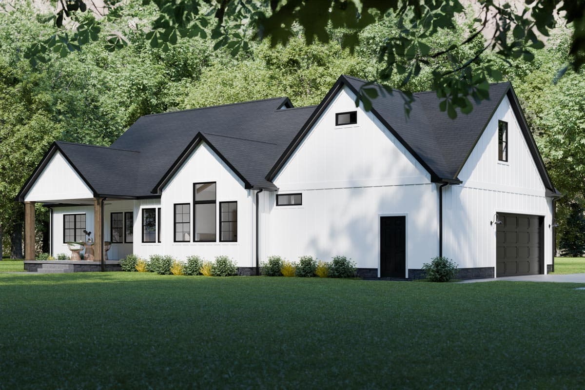 Modern Farmhouse house plan exterior with a covered porch, gables, dormers, and an attached garage.
