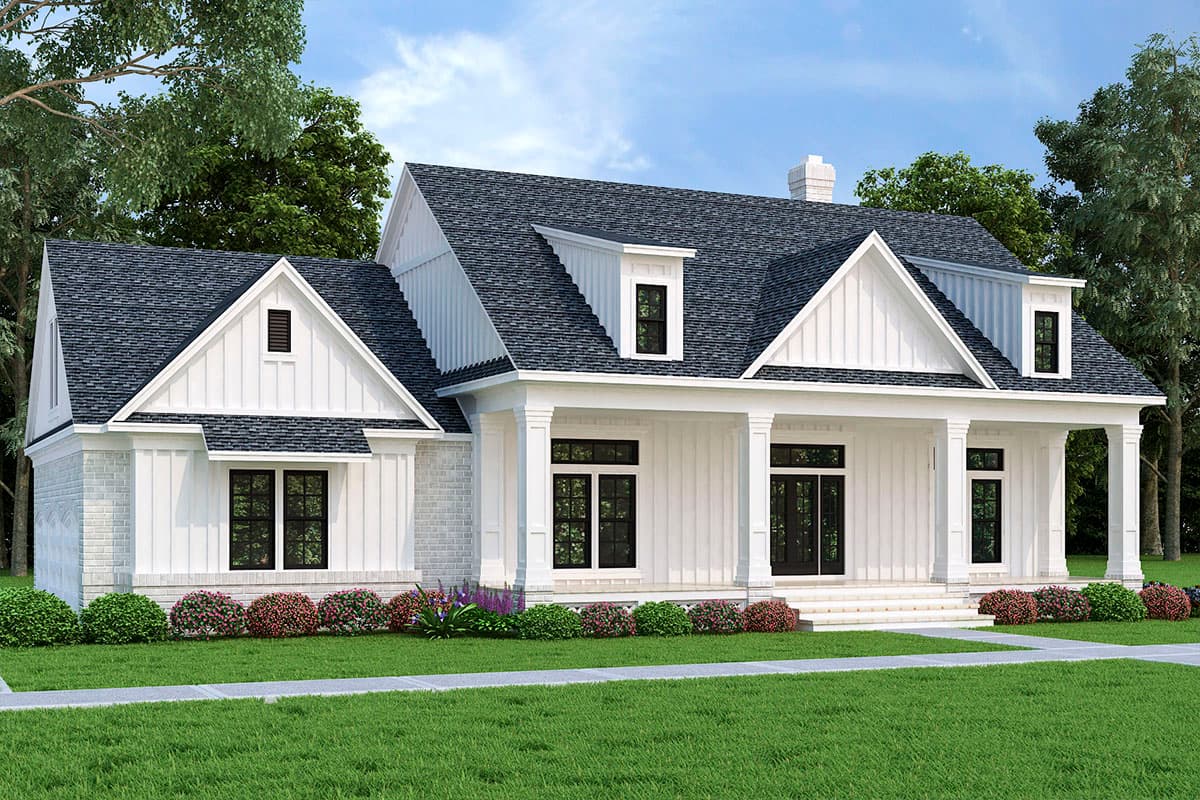 Modern Farmhouse house plan exterior with a wide front porch, gables, dormers, and board and batten siding.
