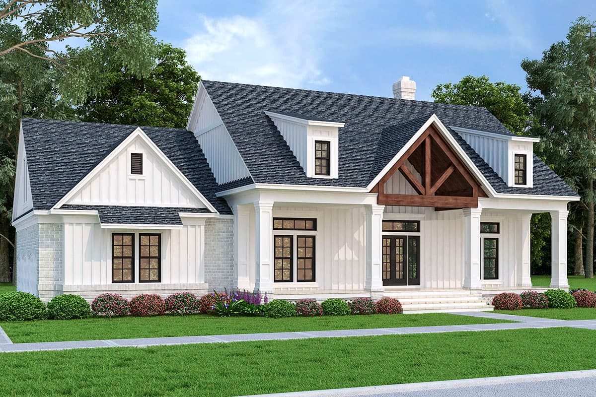 Modern Farmhouse house plan exterior with prominent gables, a covered porch with timber accents, and brick and board-and-batten siding.