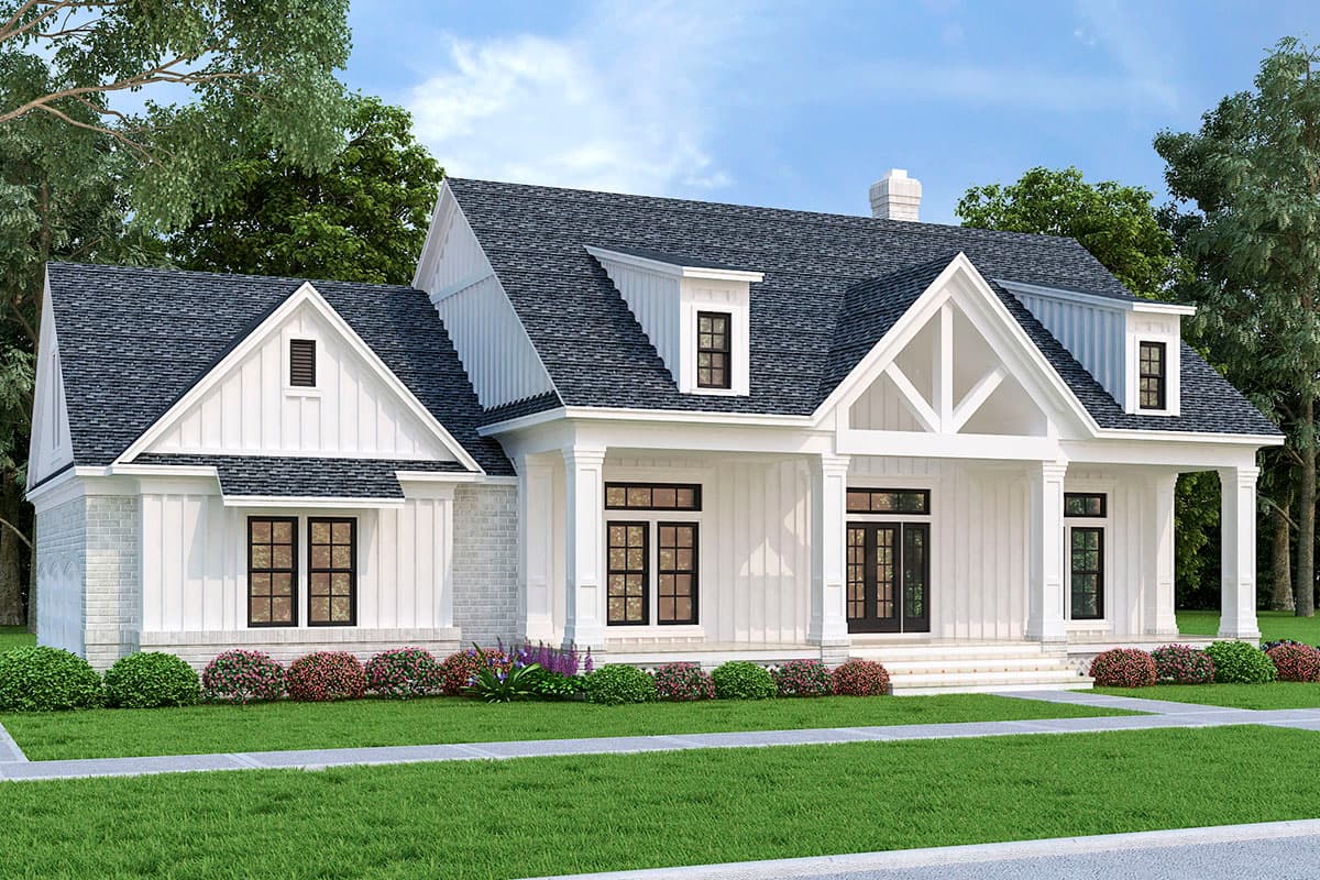 House plan exterior featuring a two-story Modern Farmhouse design. Includes a covered porch, multiple gables, and dormers with dark-framed windows.