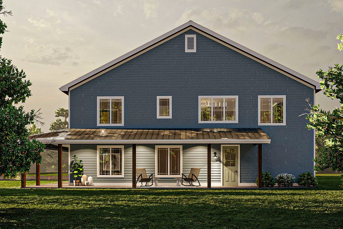 Two-story house plan exterior with a covered porch, central front door, and multiple double-hung windows.