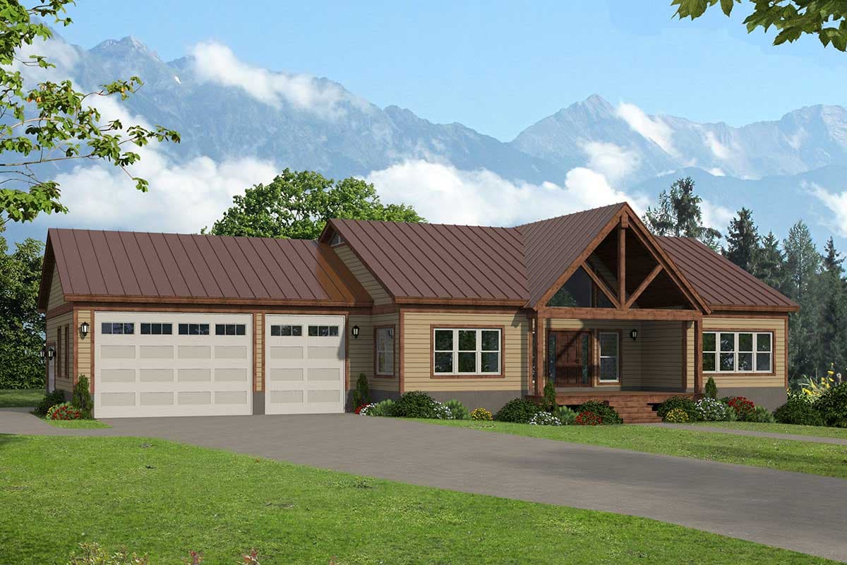 House plan exterior. Ranch style with a two-car garage, gable roof, and covered porch with exposed beams.