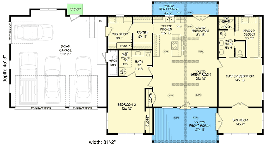 Plan 68748VR: Mountain Ranch Home Plan with Master Suite Sun Room and 3-car Front-facing Garage - Floor Plan - Main Level - Craftsman, Mountain, Ranch